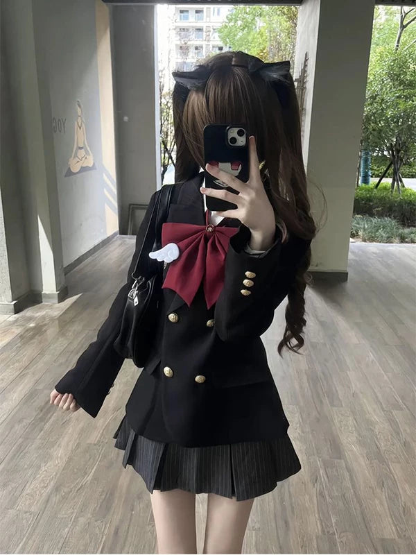 Creamy - Academy Bow - Jacket and Pleated Skirt Set with Burgundy Bow