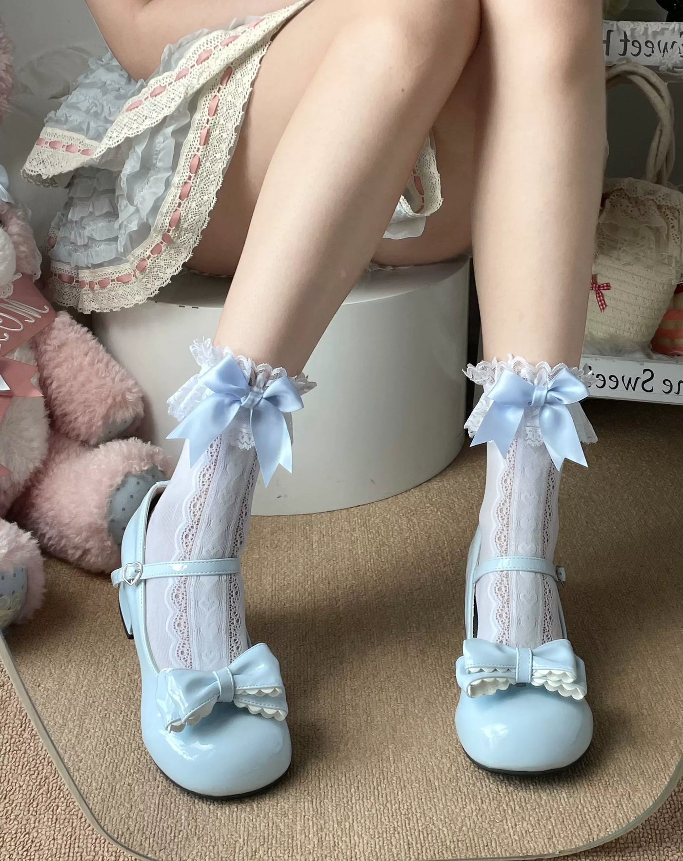 Fantasy Doll - Heart Jacquard - Mid-Calf Socks with Lace and Bow Details