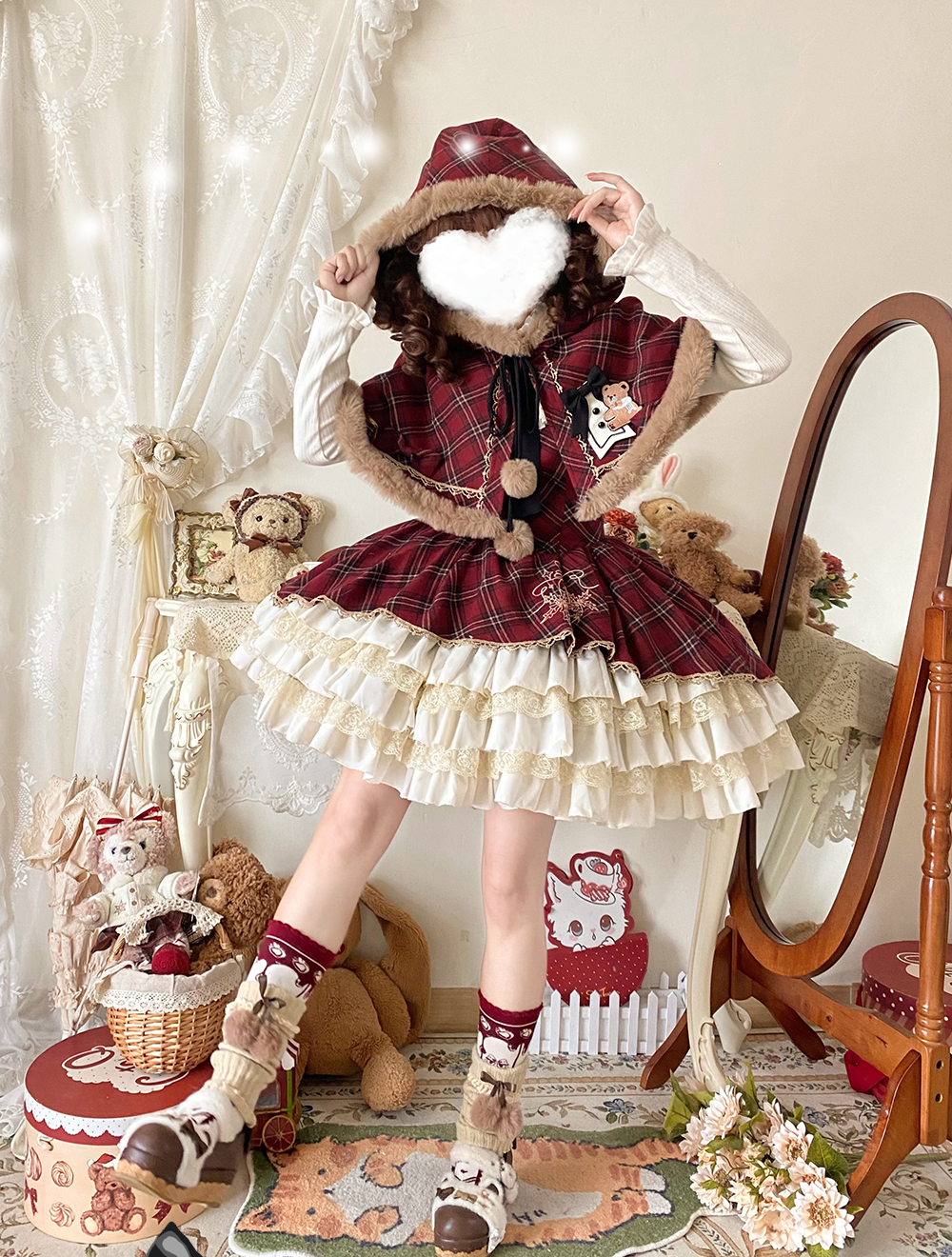 OCELOT - Kurikuma Cocoa - Christmas Plaid Lolita JSK, Hooded Cape