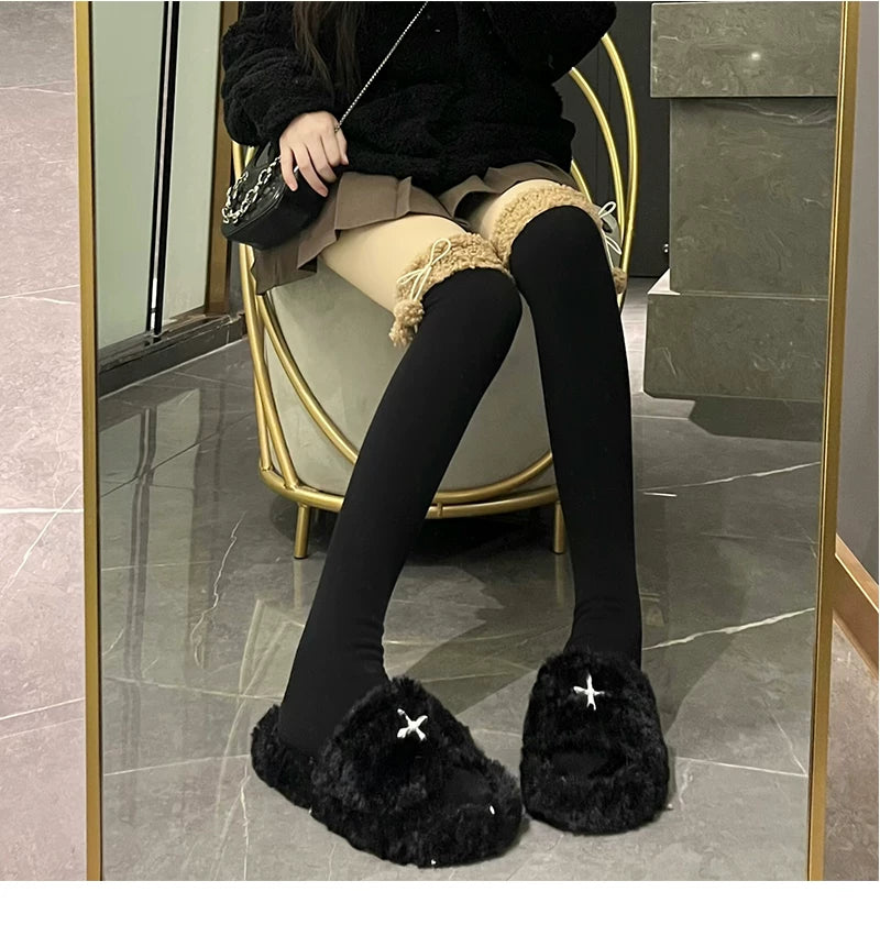 Floral Milk Cat - Winter Pom-Pom - Plush-Trim Thigh-High Socks with Pom-Pom Details