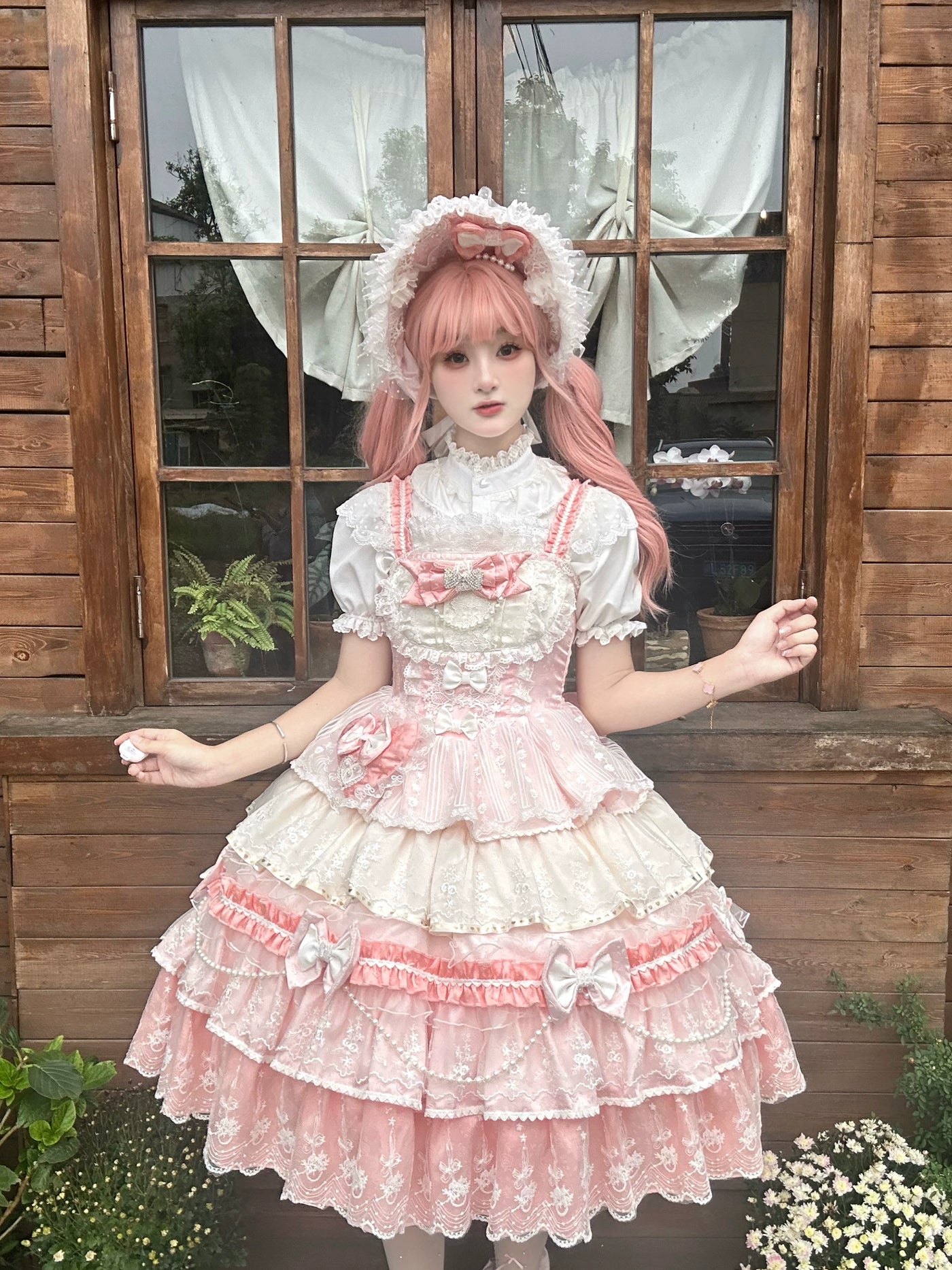 Hello Princess Lolita - Falling Cherry Blossoms - Plus-Size Bridal-Style Lolita Dress with Tiered Lace Skirt – detail view 3