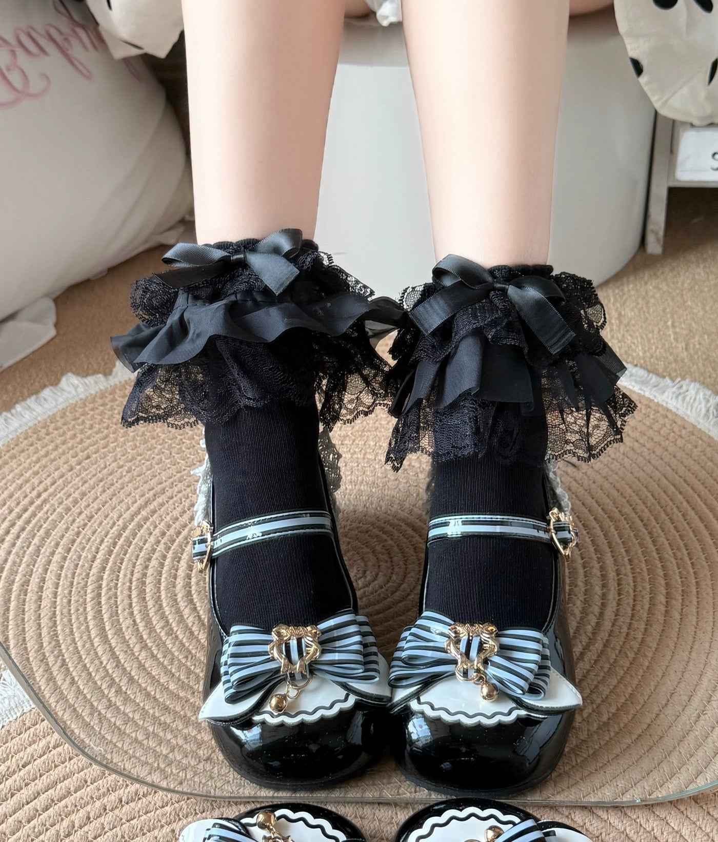 Fantasy Doll - Lace Bow - Mid-Calf Socks with Layered Lace Cuffs
