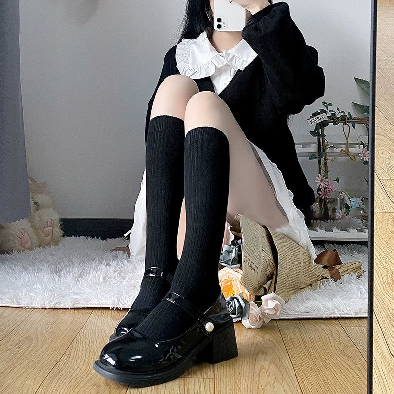 Floral Milk Cat - Autumn-Winter JK - Vertical-Stripe Socks in Over-Knee and Calf Lengths