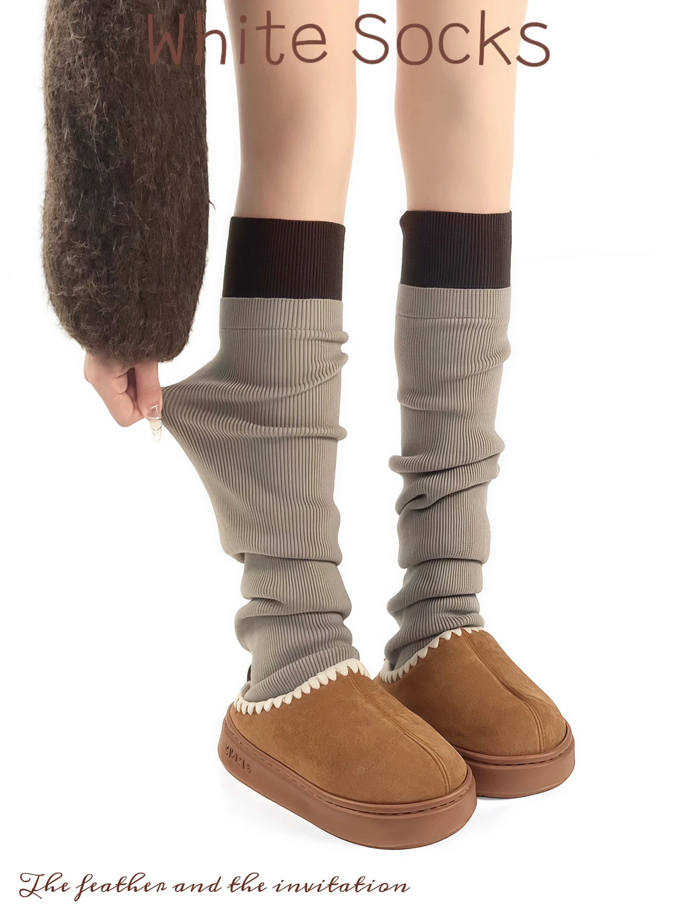 Pair of khaki ribbed leg warmers shown flat on a white background.