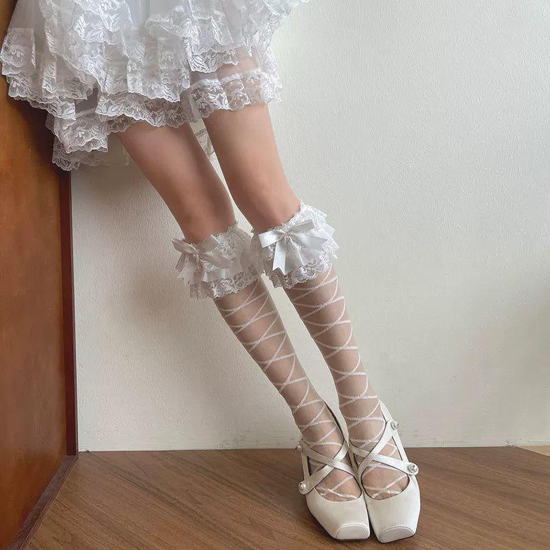 Sock Noble - Crystal Ribbon - White or Black Long Stockings with Lace Bows and Striped Ties