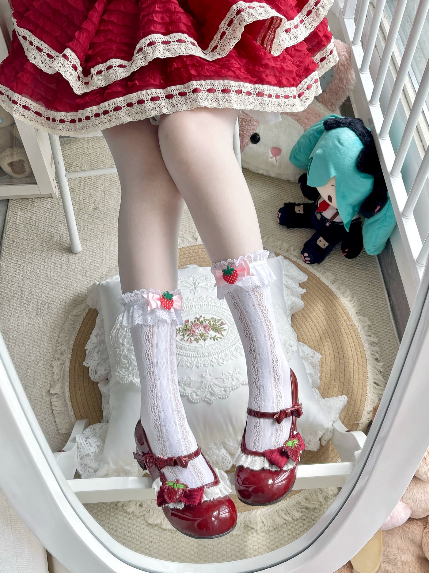 Fantasy Doll - Strawberry Bow - Mid-Calf Socks with lace trim and strawberry accents