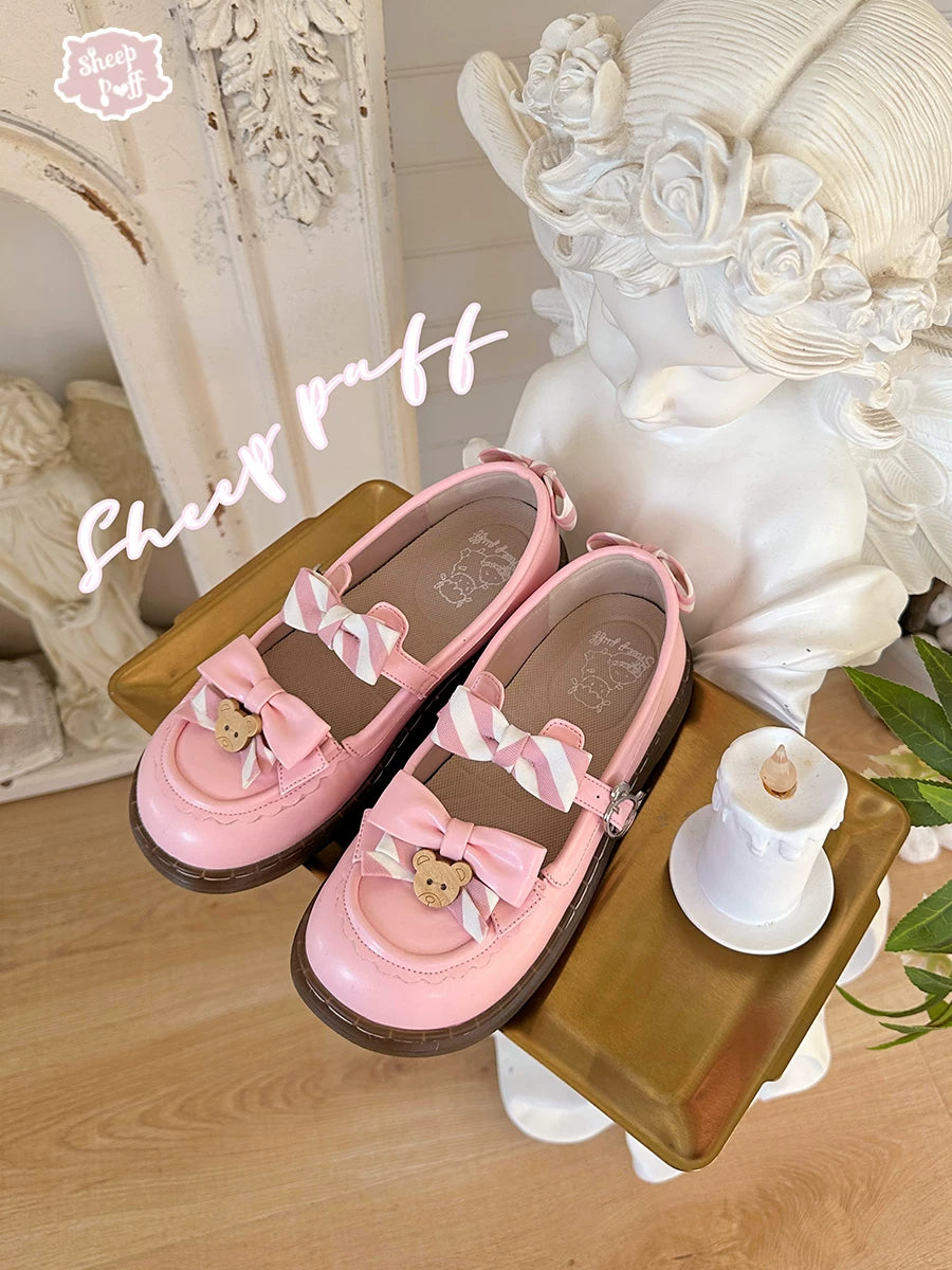 Sheep Puff Bear Uniform Lolita Shoes 2.0 low heels, featuring cute bear and sheep puff design, in pink and white color.