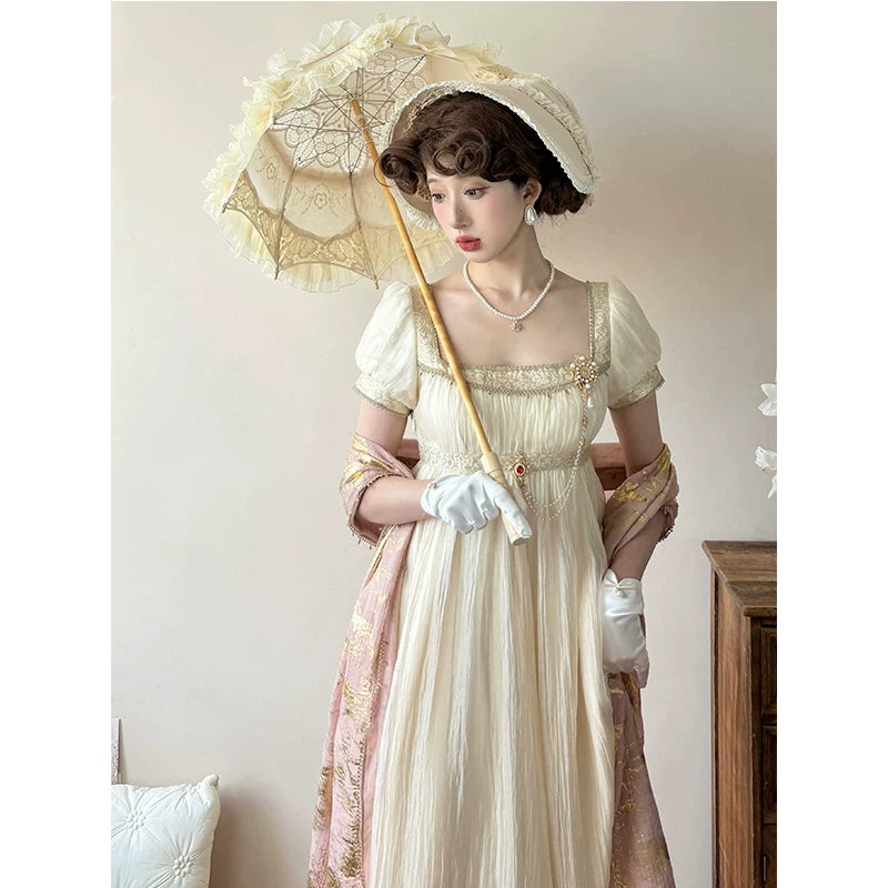 Creamy - Gilded Empire - Gilded-Gold Lolita Dress with Puff Sleeves