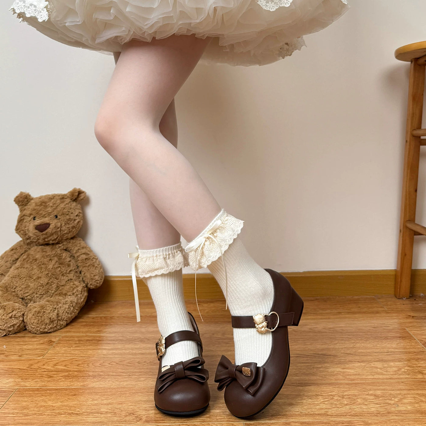 Chubby Bear Tales - Antique Doll Socks - Ribbed Mid-Calf Socks with Folded Lace Edges