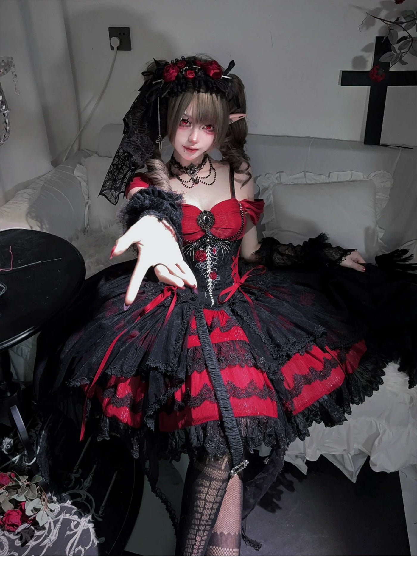 Letters from Unknown Star - Eternal Thorn of the Dragonbone - Embroidered Gothic Lolita JSK Dress, Off-Shoulder