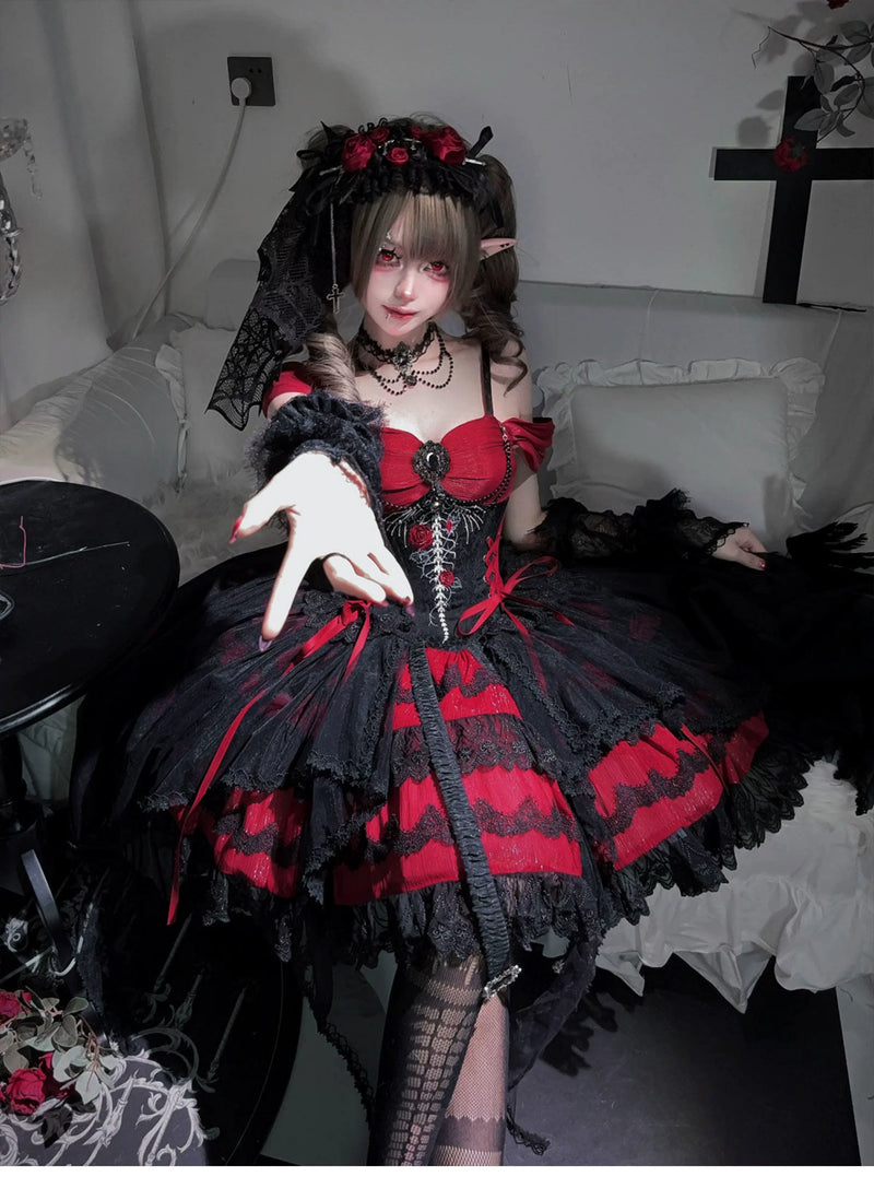 Letters from Unknown Star - Eternal Thorn of the Dragonbone - Embroidered Gothic Lolita JSK Dress, Off-Shoulder