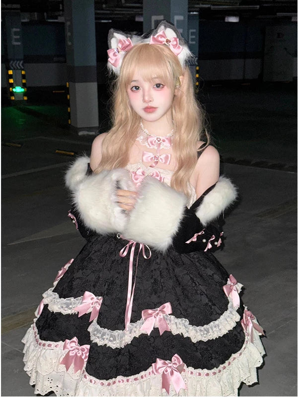 Creamy - Midnight Pink Bow - OP Dress Set with Furry Coat and Lace Trim