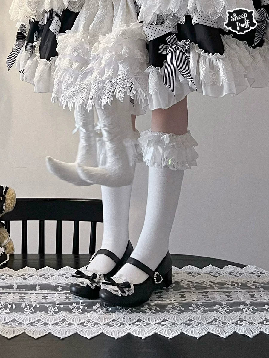 Sheep Puff Ballet Romance Lolita Shoes featuring pink bows and lace details, perfect for elegant, doll-like fashion.