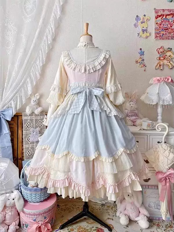 Creamy - Blue-Pink Princess - Short-length dress with long sleeves and layered ruffles