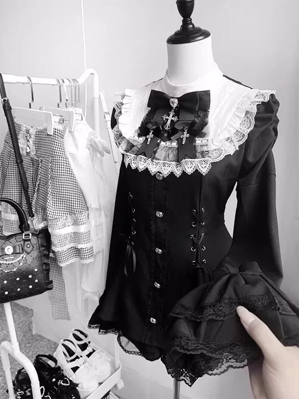 Creamy - Monochrome Gothic - Black-and-White Lolita Set with Lace Collar