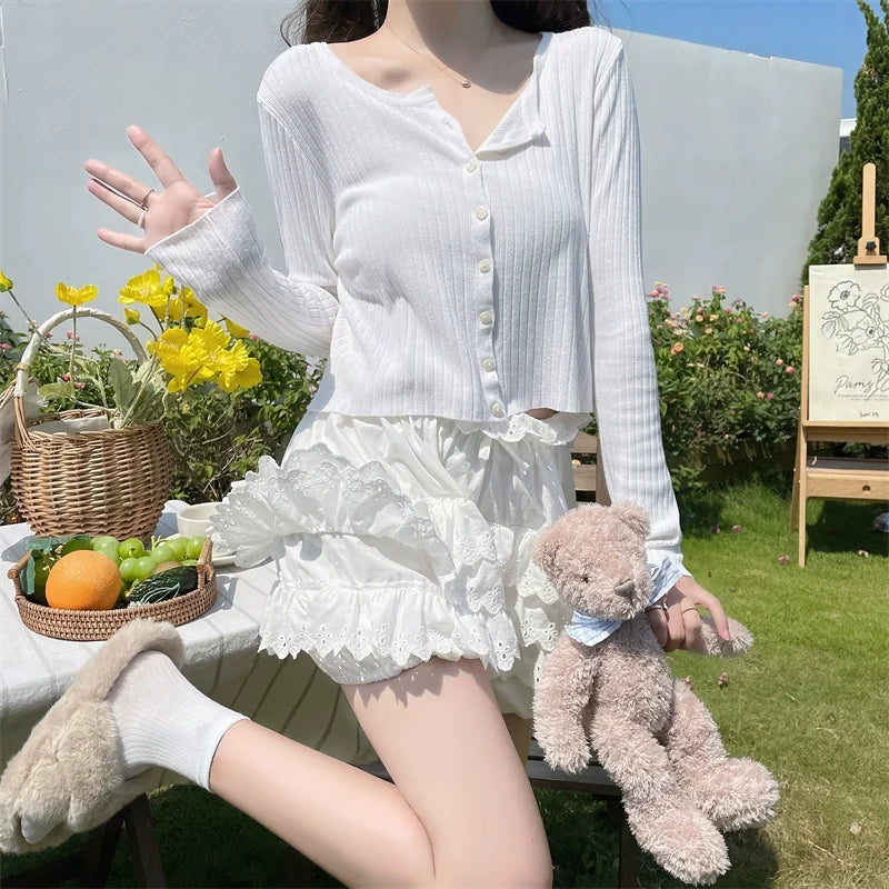 Sugar Girl - Cotton Lolita Bloomers - Tiered Hem Cake Shorts Neckwear