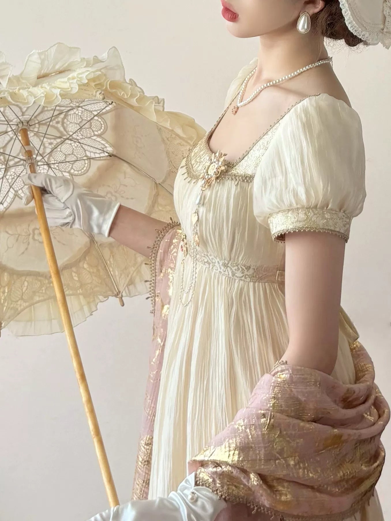 Creamy - Gilded Empire - Gilded-Gold Lolita Dress with Puff Sleeves
