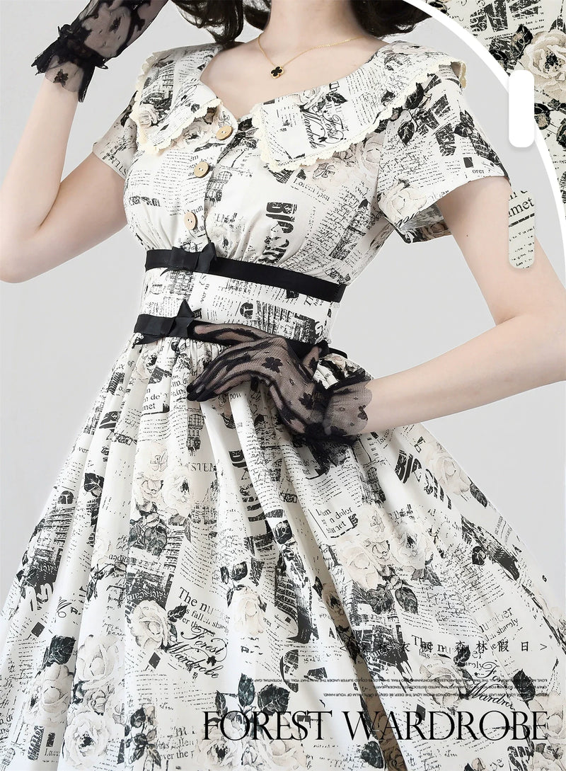 Forest Wardrobe - Forest Holiday - Vintage Classic Lolita Newspaper Printed OP Dress