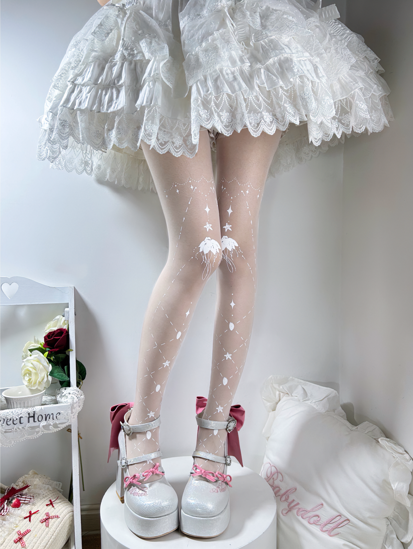 Fantasy Doll - Star Mist Jellyfish - White pantyhose with celestial and jellyfish motifs