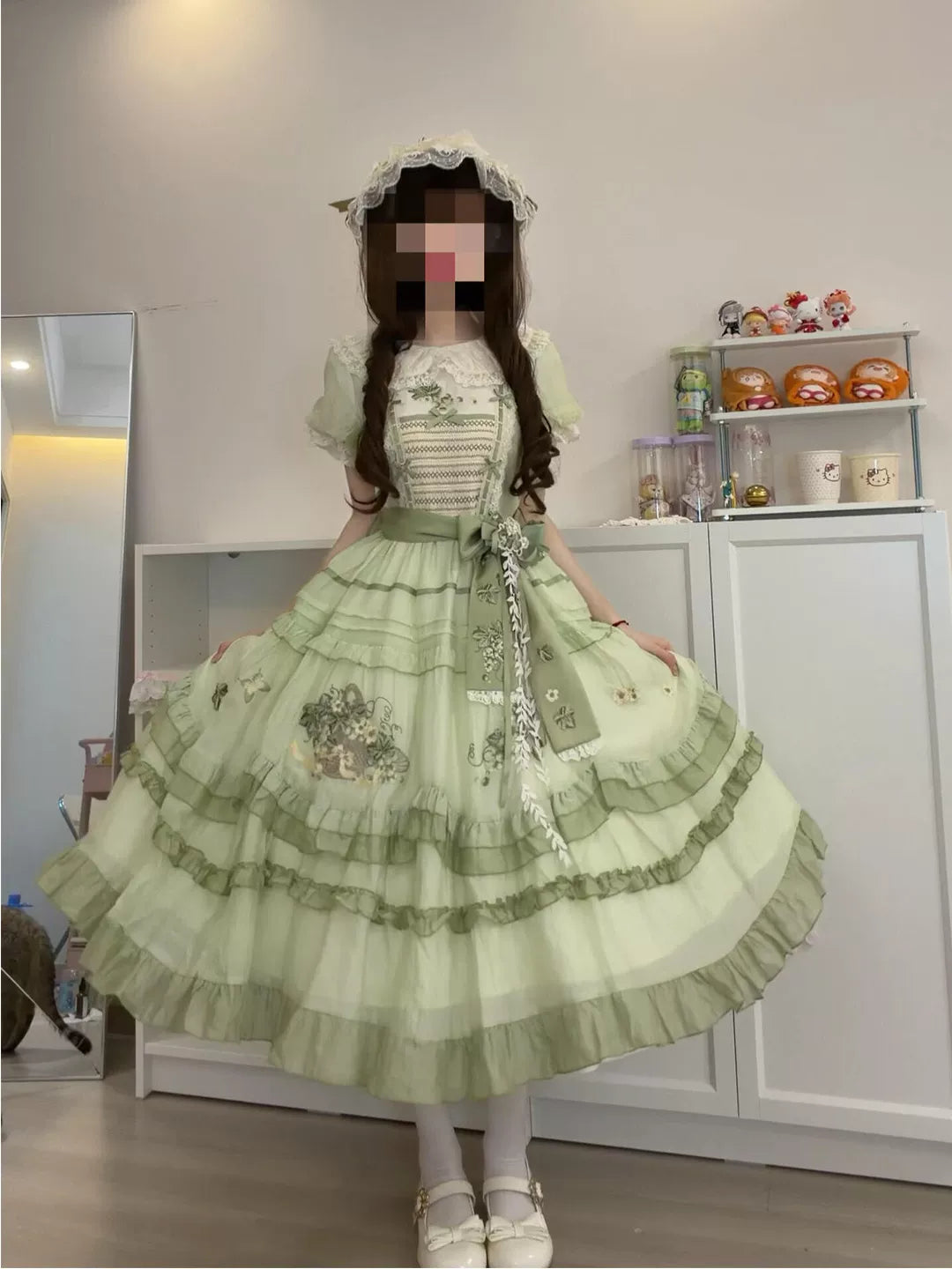 Green grape embroidered Sweet Lolita OP dress with tiered skirt and lace trim