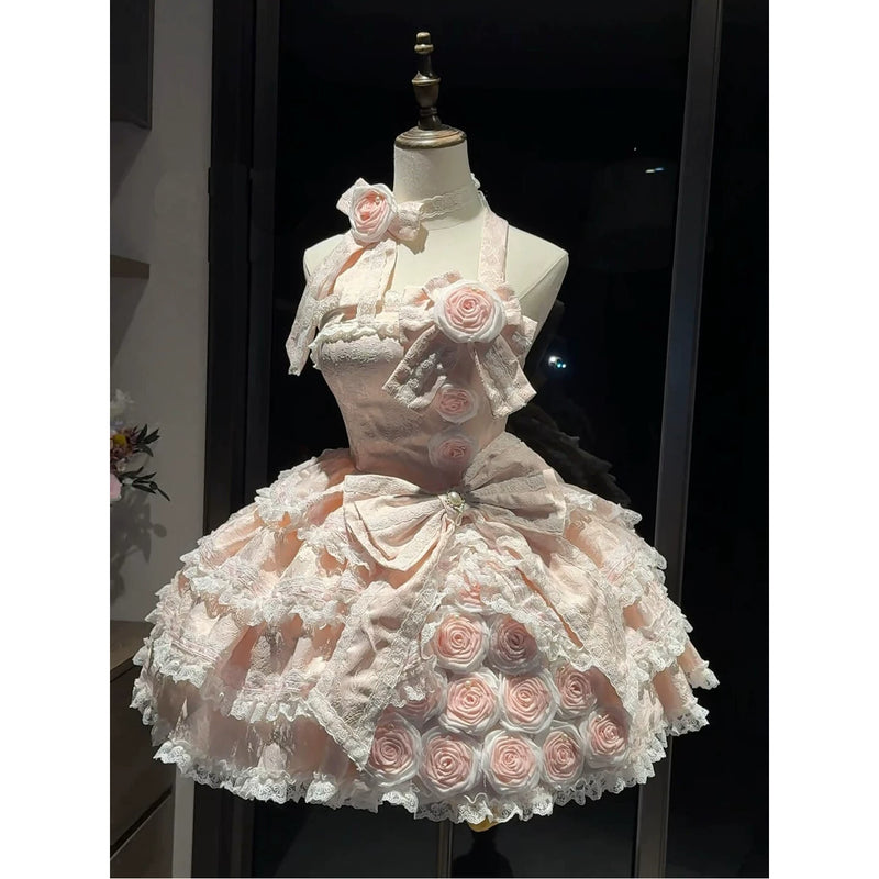 Creamy - Pink Rose - Dress with Rose Appliqués