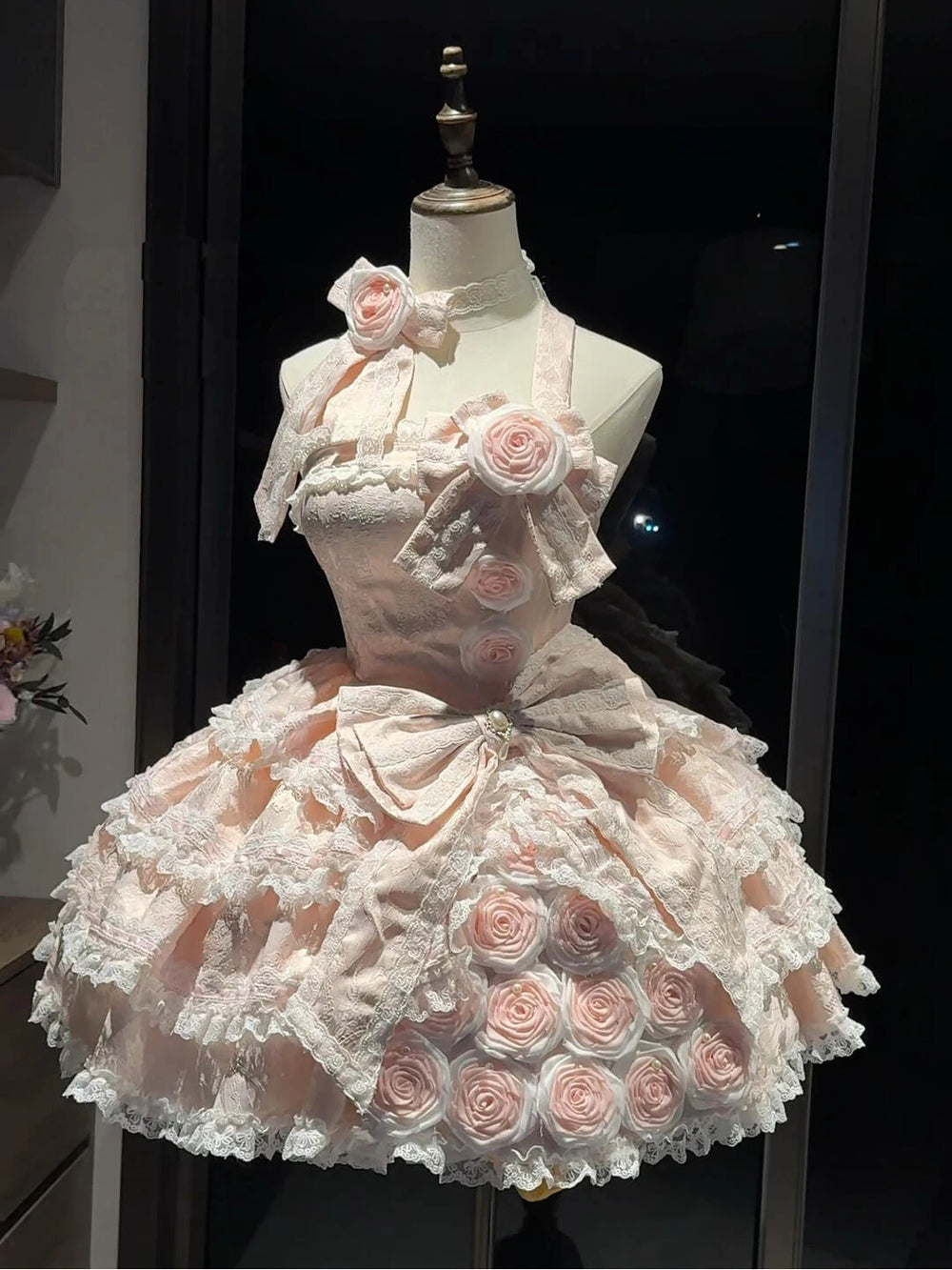 Creamy pink rose Lolita dress with layered lace and floral appliqués