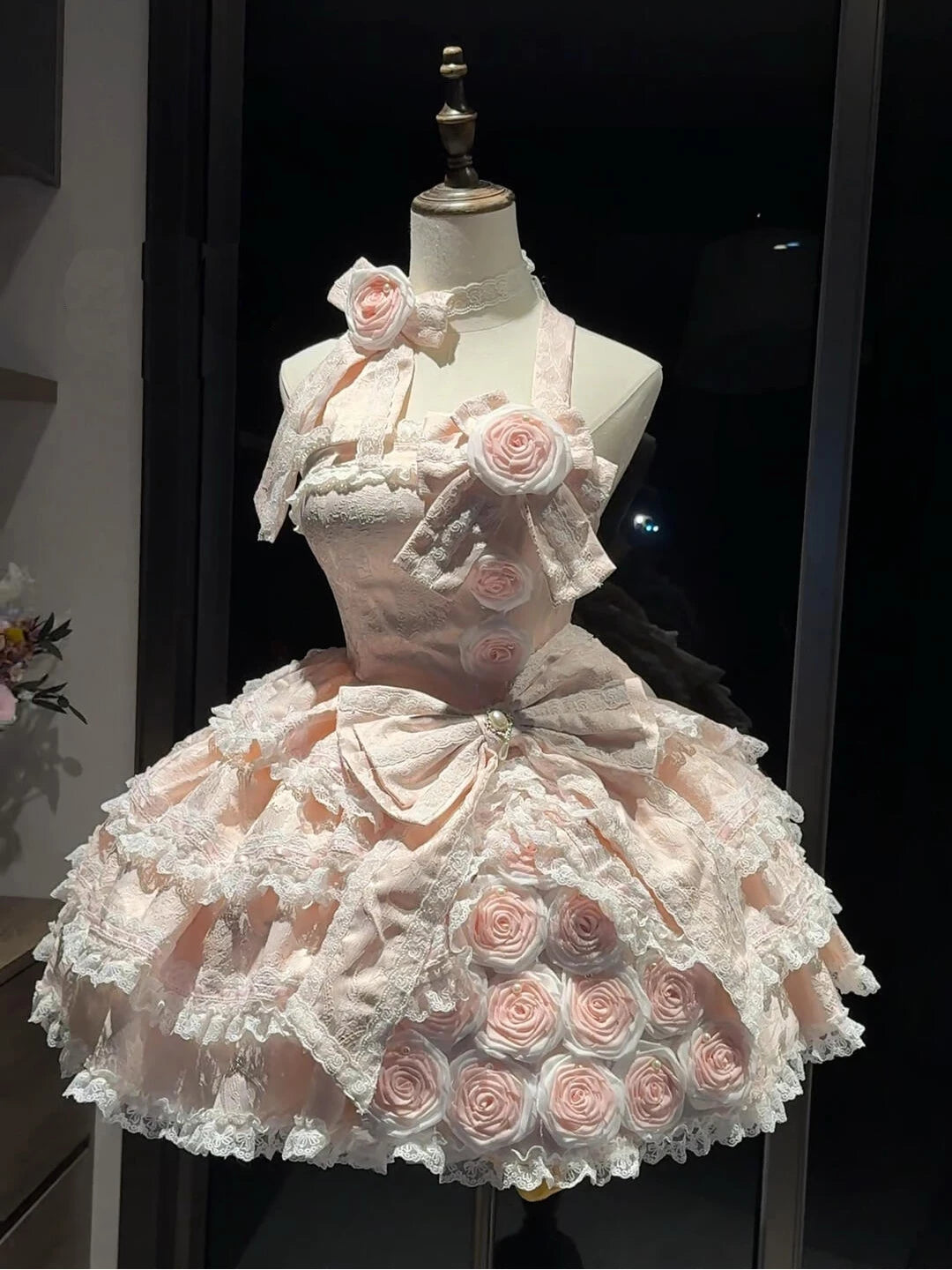 Creamy pink rose Lolita dress with layered lace and floral appliqués