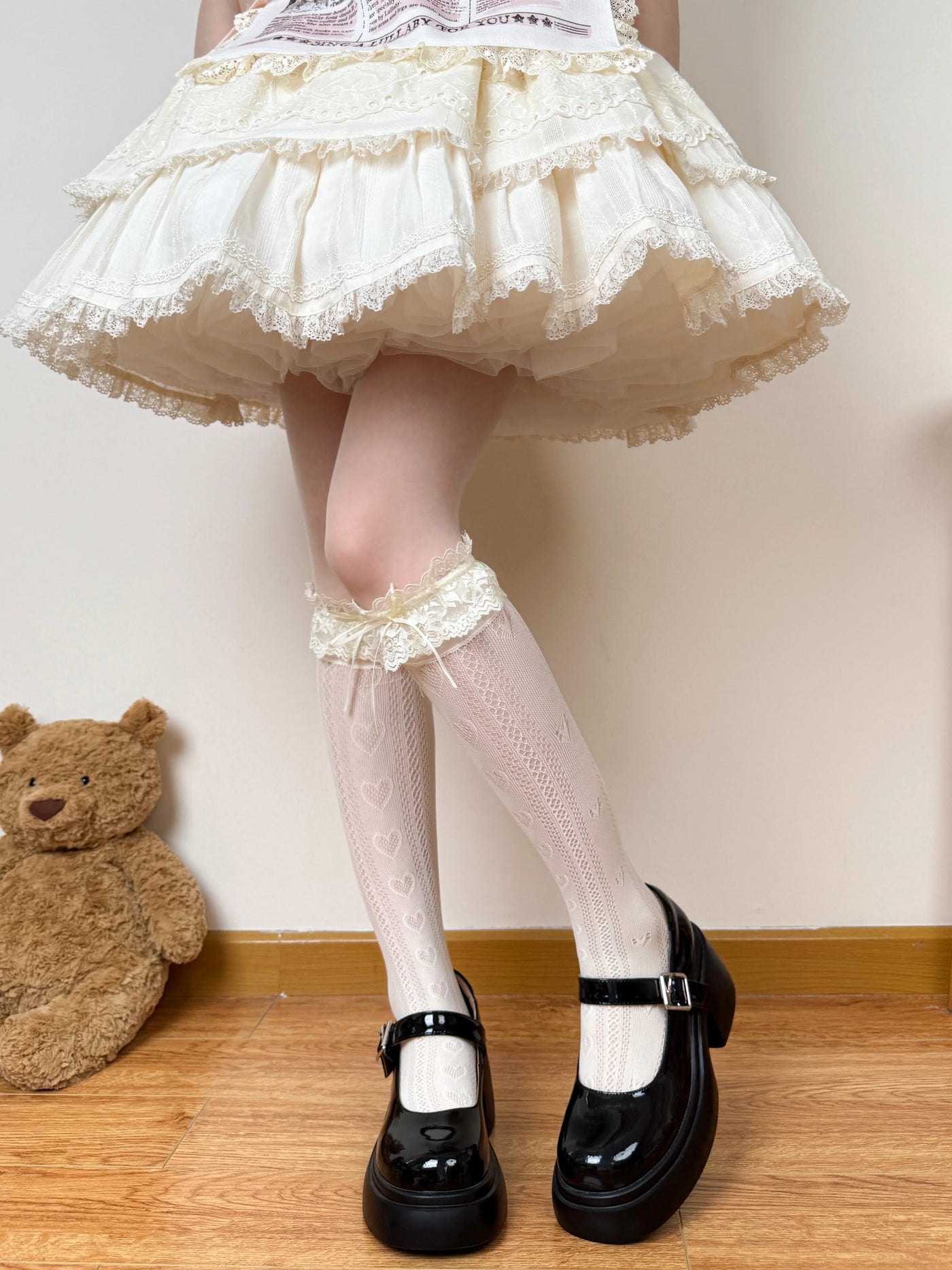 Chubby Bear Tales - Edith - Openwork Mid-Calf Socks with Lace Cuffs and Bows
