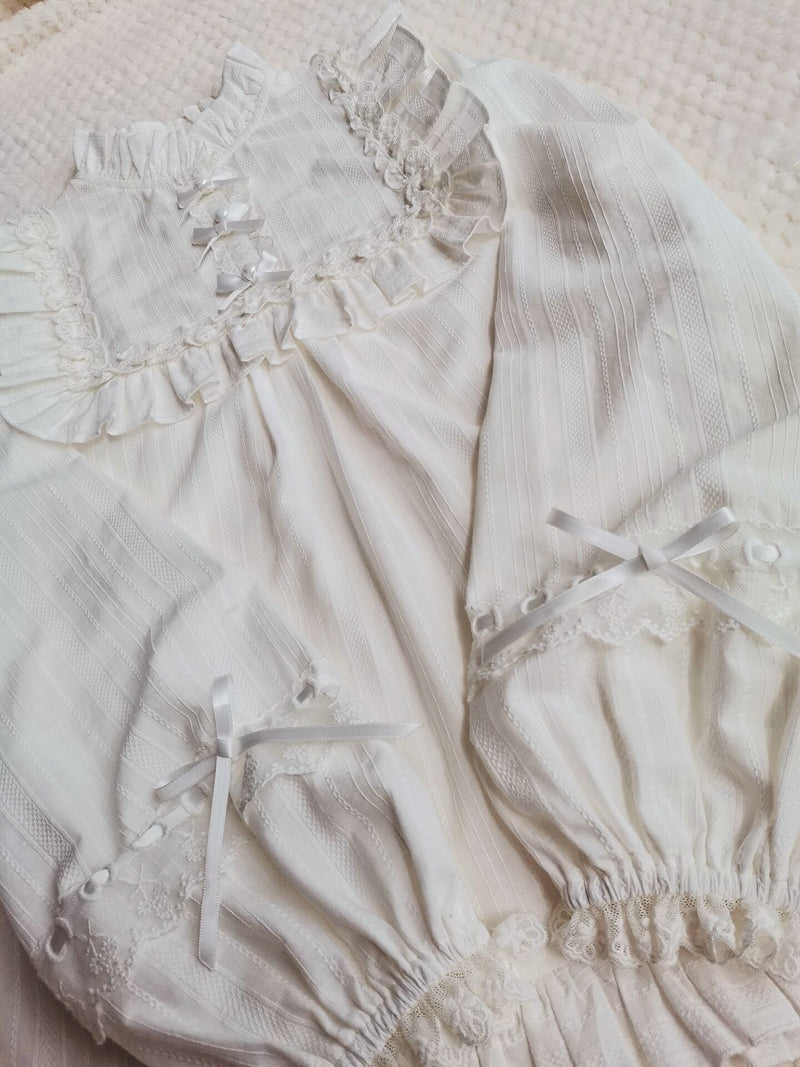 Yilia - Cotton Lolita Lace Long Sleeve - White Blouse Innerwear