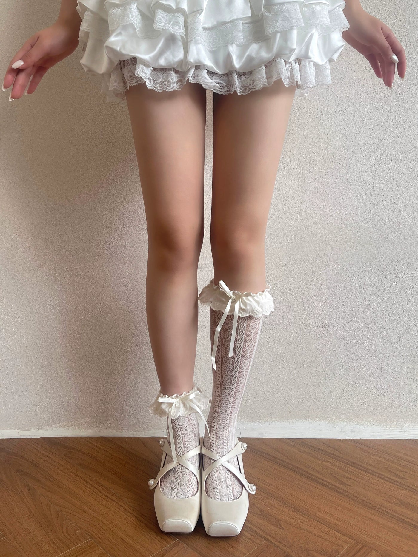Sock Noble - Heart Lace - Heart-Embroidered Mid-Calf Lolita Socks with Lace Bow Cuffs