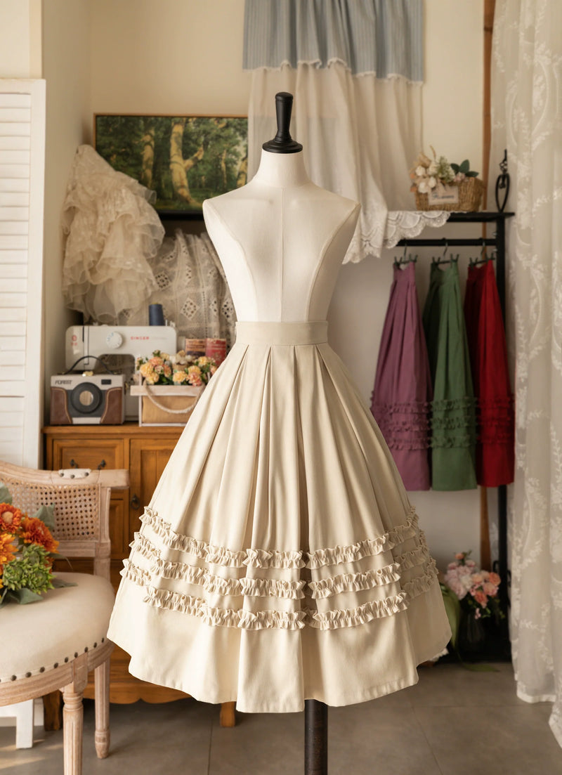 Forest Basket - Elegant Lolita Skirt Mushroom Edge Skirt Retro Classic S Beige