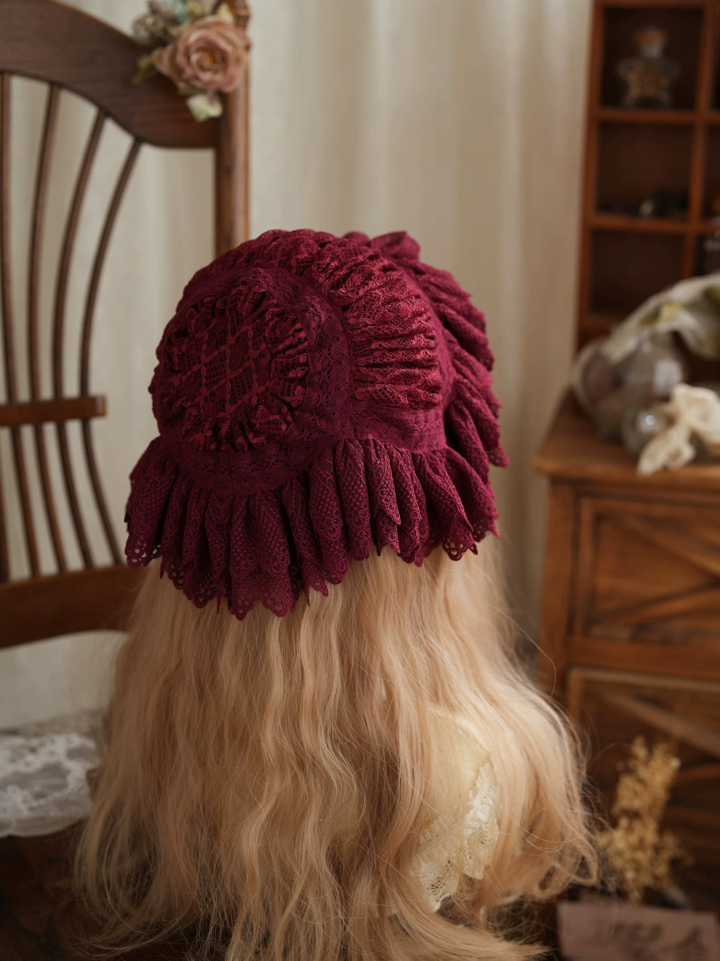 Star Box - Air Flora - Layered-Lace Bonnet with Long Ribbon Ties