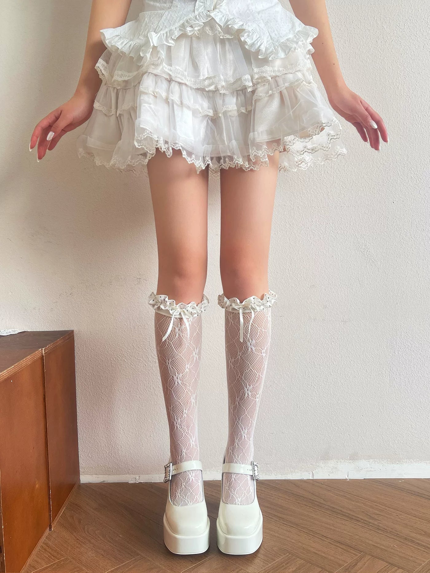 Sock Noble - Romantic Dotted Lace - Mid-Calf Socks with Ruffled Trim and Bows