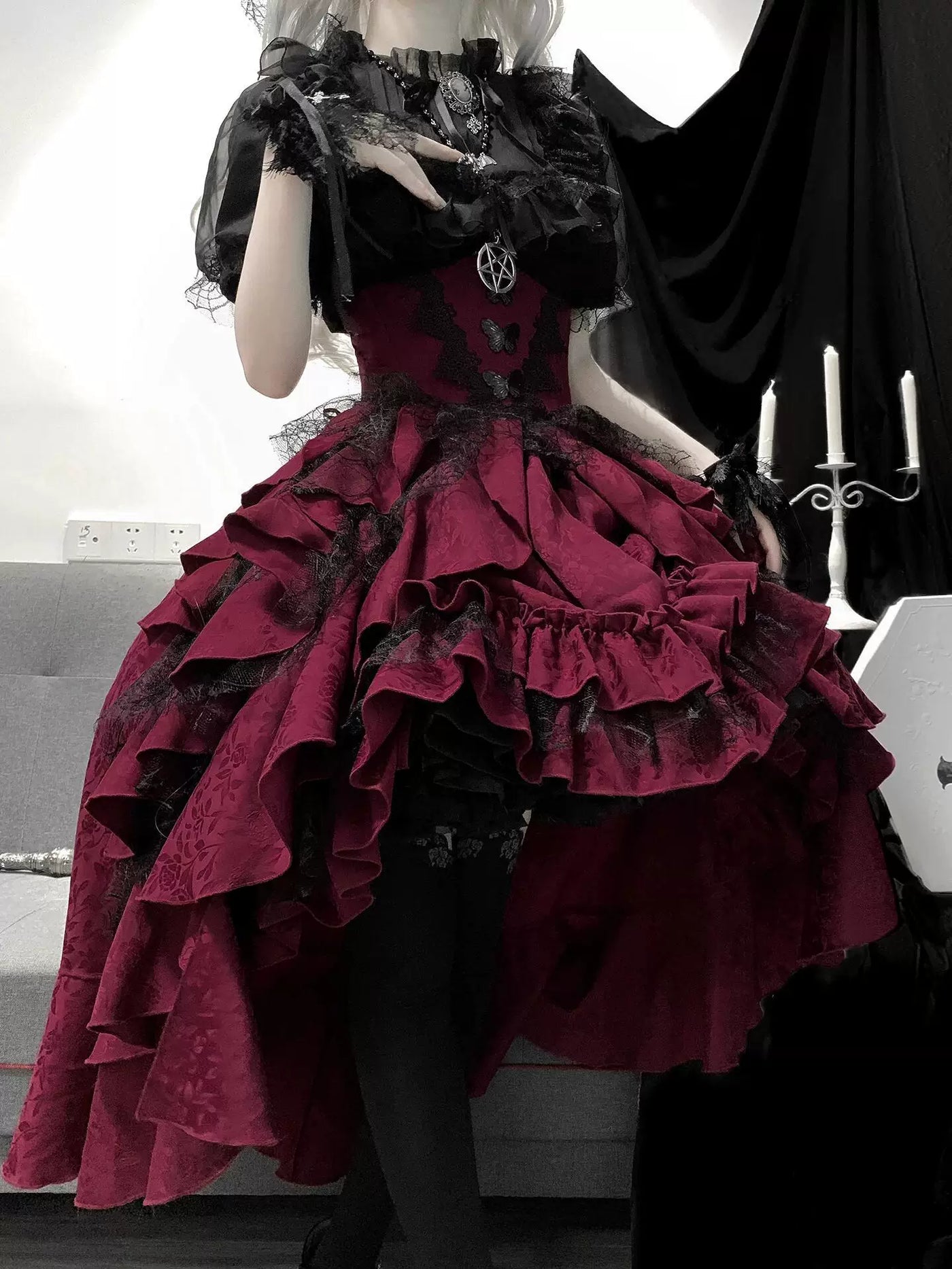 Creamy - Manor Nocturne - Black Blouse and Red Suspender Skirt Set with Ruffled Sleeves