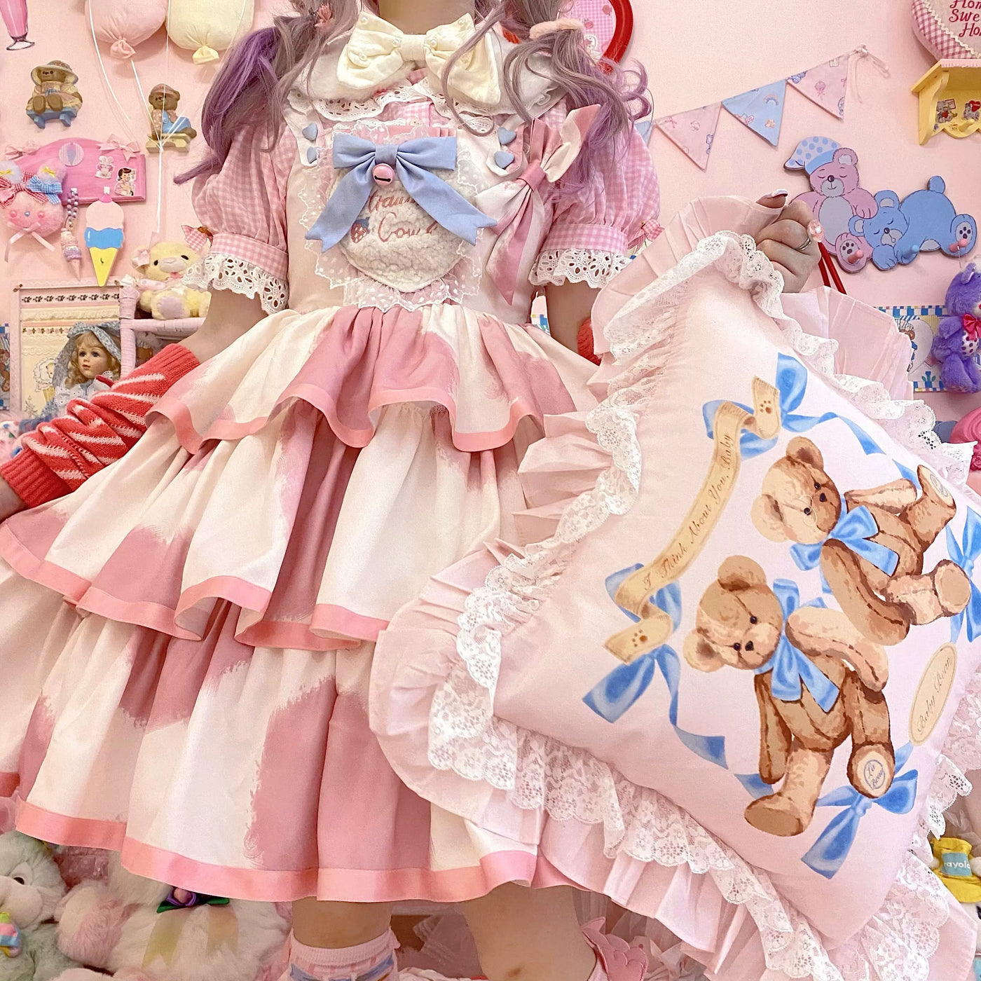Tata Long Ear - Milk Cake Cow Print - Cow-Print JSK Dress with Three-Section Skirt