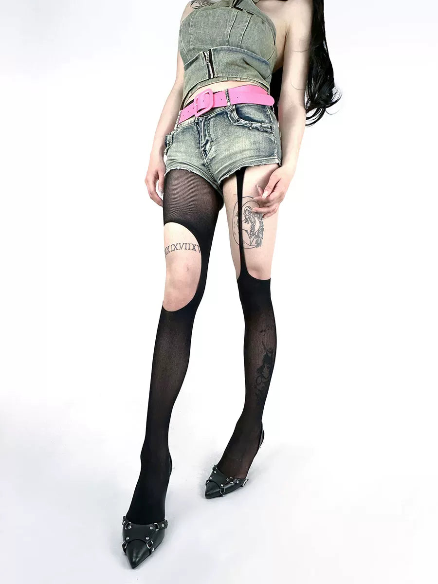 White Socks - Garter Cutout - Sheer cutout tights with integrated garter-style straps