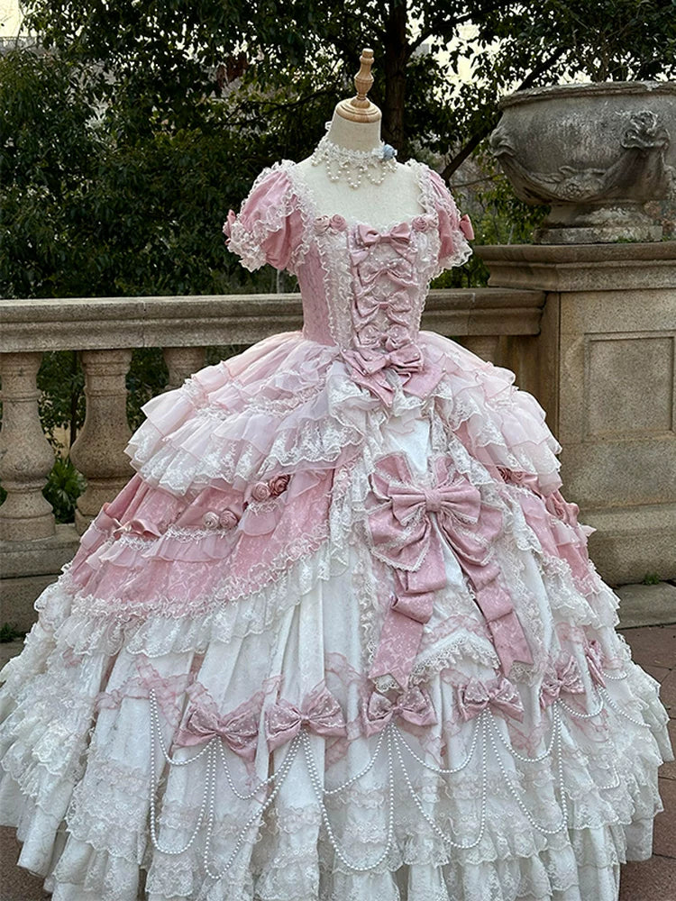 Emoji Dream Sweet Lolita gown with optional detachable puffed sleeves, tiered skirt and decorative bows