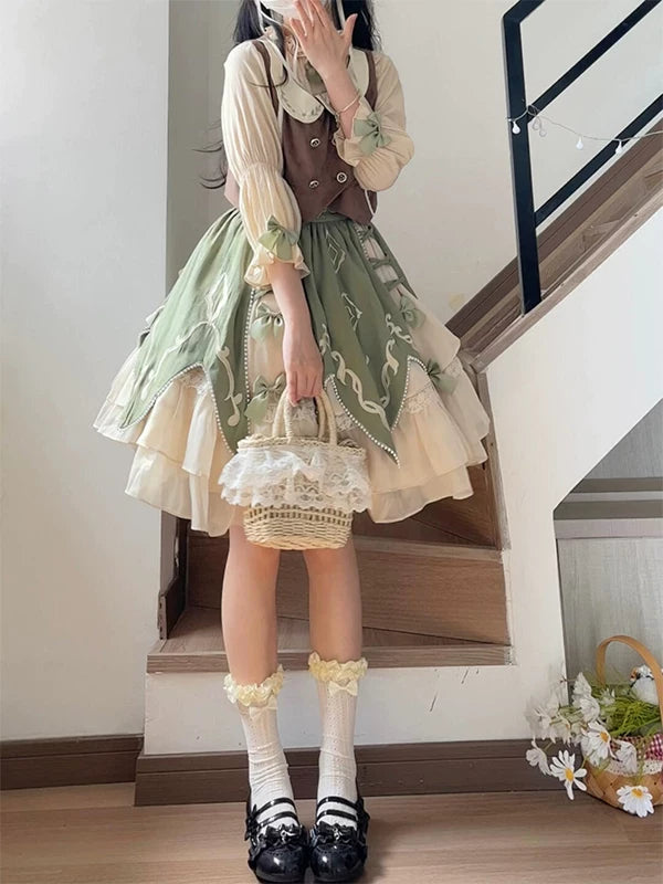 Creamy - Garden Picnic - Vest, Shirt and Short Skirt Set with a Buttoned Vest