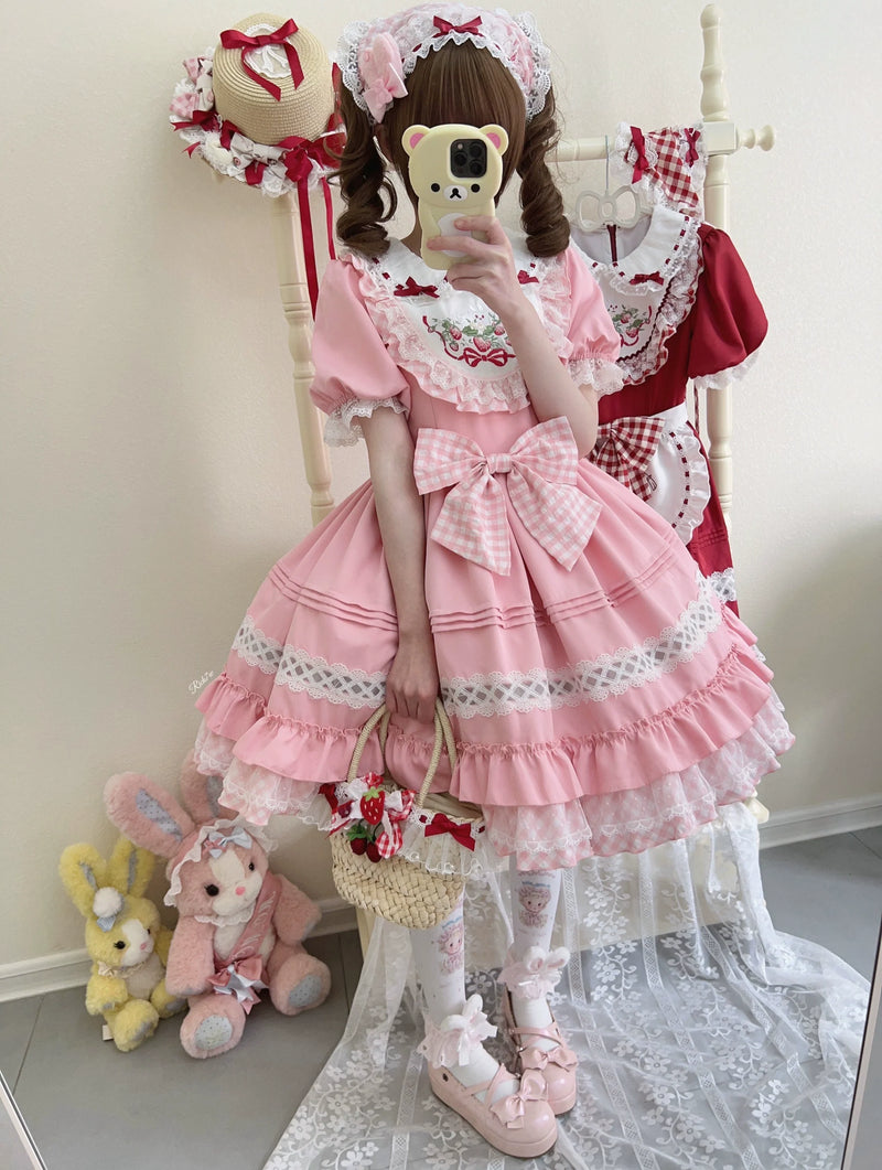 Sugar Girl - Strawberry Tea - Sweet Red Lolita OP Dress Short Sleeve Apron Dress