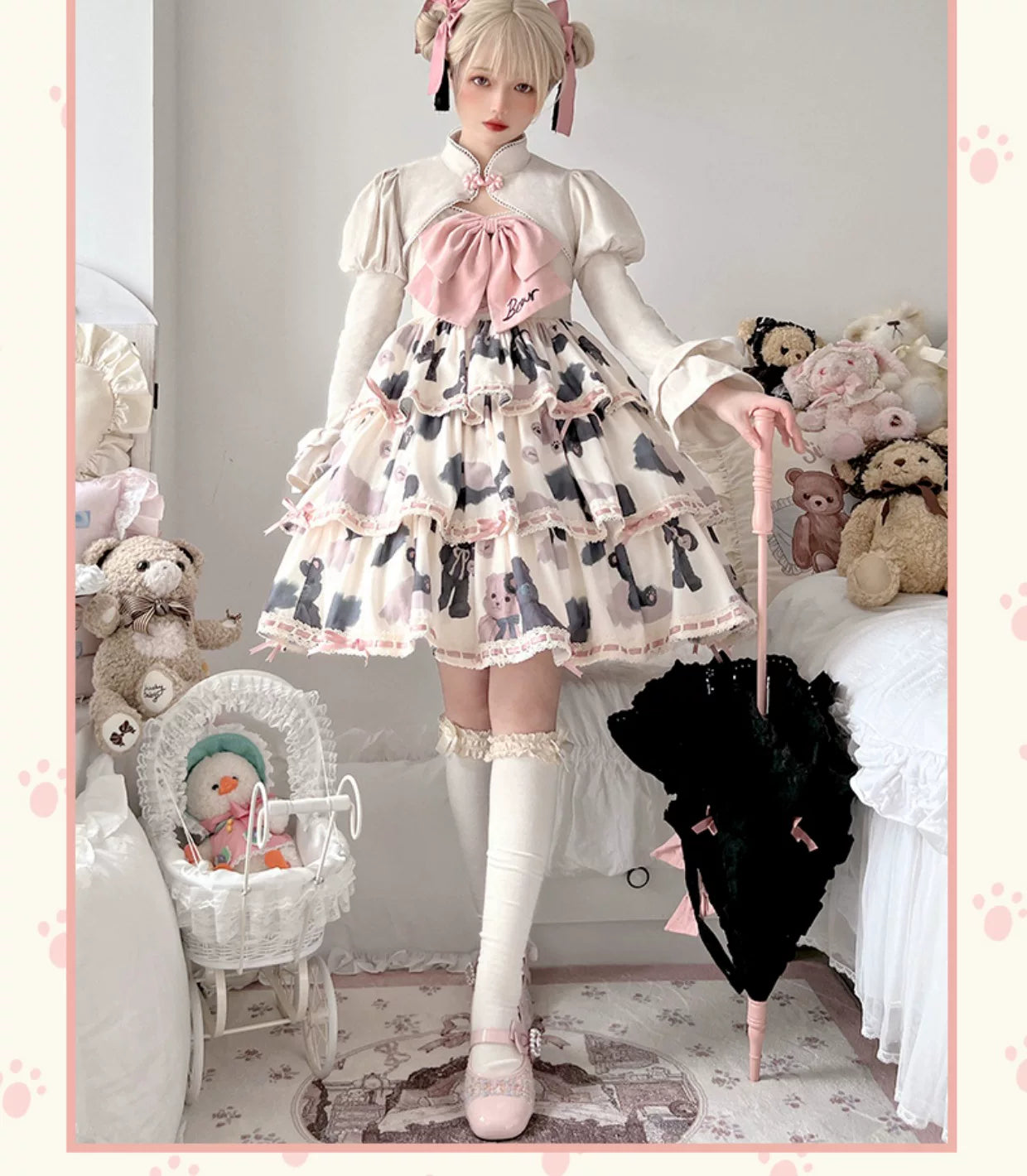Baozi Pig - Teddy Bear Tiered - Three-Tier JSK Dress with Lace Edging