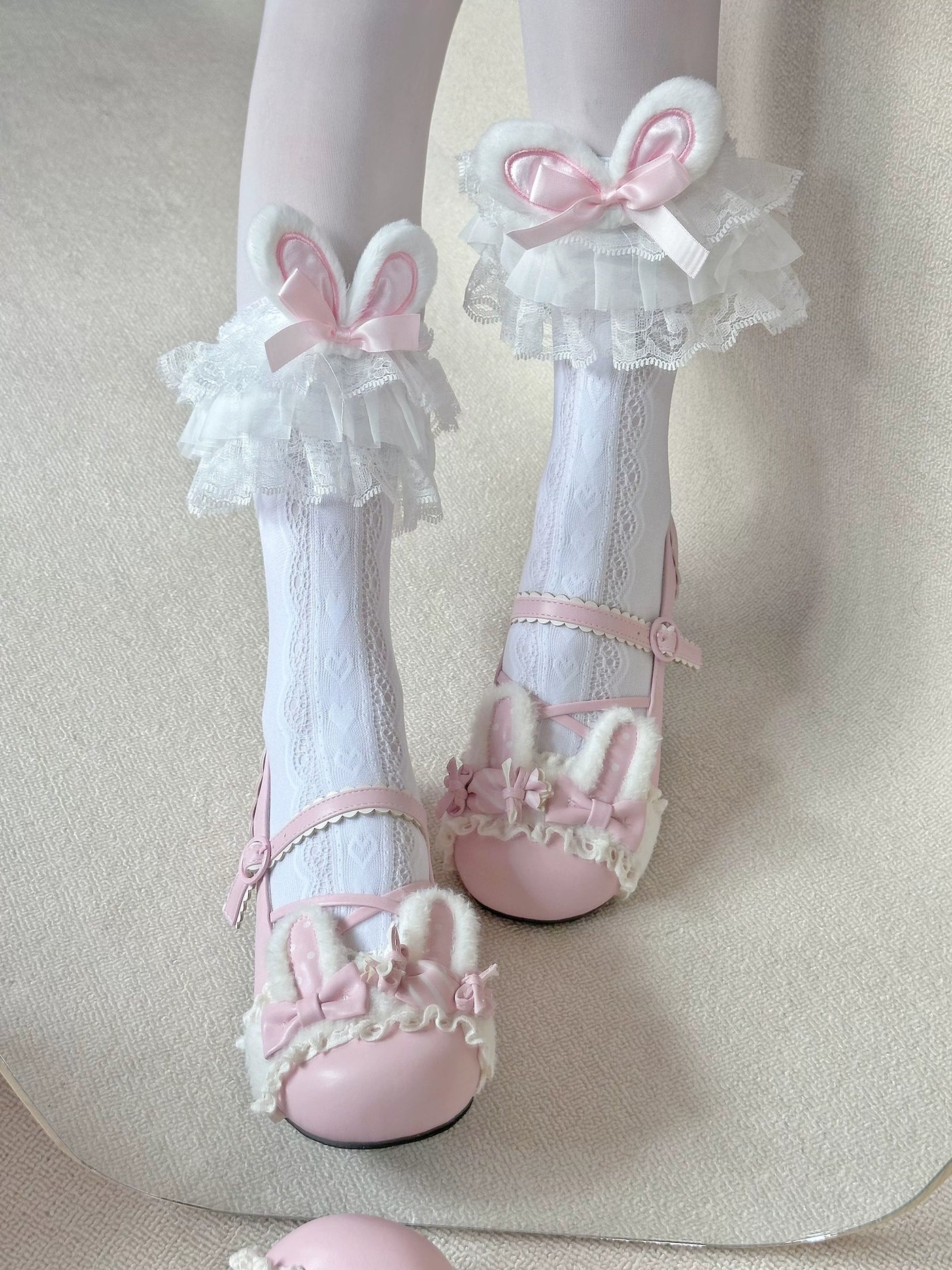 Fantasy Doll - Bunny Ear Frill - White Mid-Calf Socks with Pink Bunny-Ear Cuffs and Lace Trim