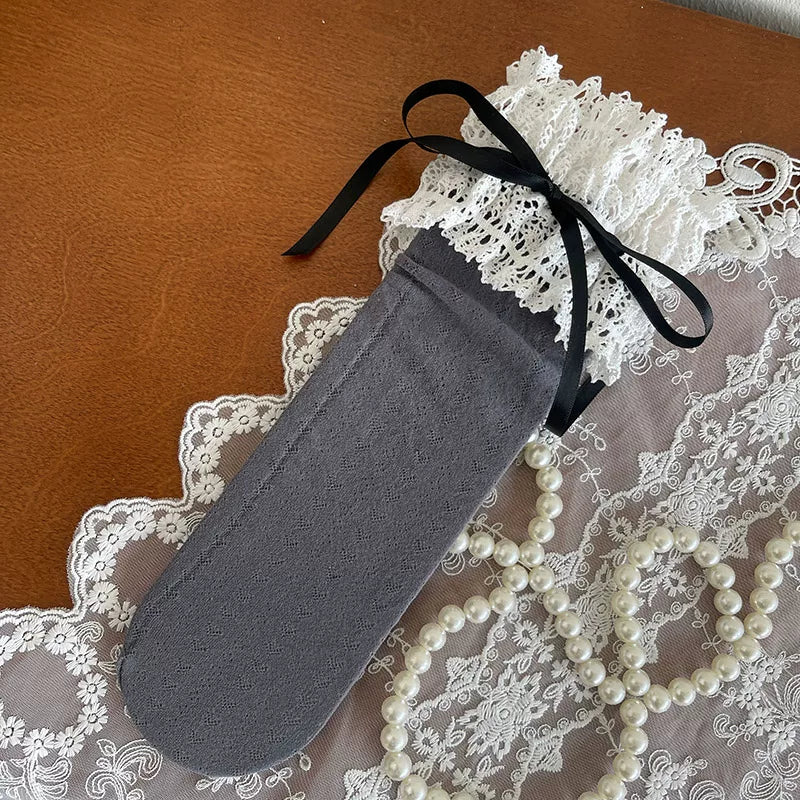 Sock Noble - Heart Floral Satin Bow - Embroidered Mid-Calf Socks with Lace Cuffs