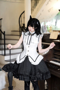 Jinmu Lolita - Miss Black Cat - Gothic Maid Lolita skirt suit with ruffled top - Top + Skirt / S