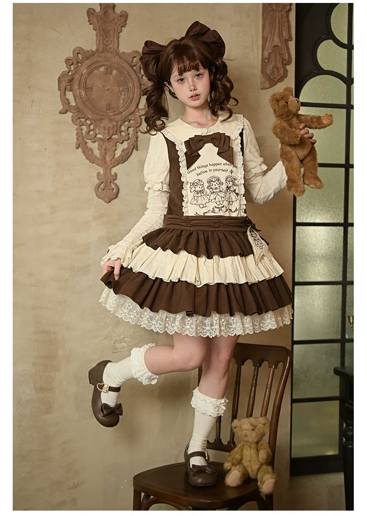 With PUJI - Sugar Frost Tale - Kawaii Lolita OP Button Closure Dress, Lamb & Bunny Embroidery