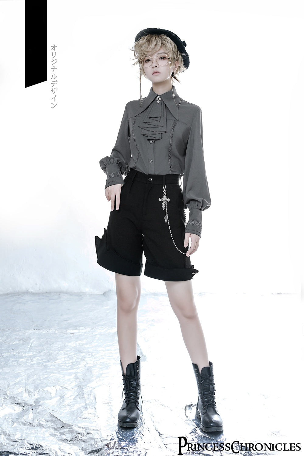 Princess Chronicles - Black and Blue - Retro Ouji Lolita Shirt, Mutton Sleeves