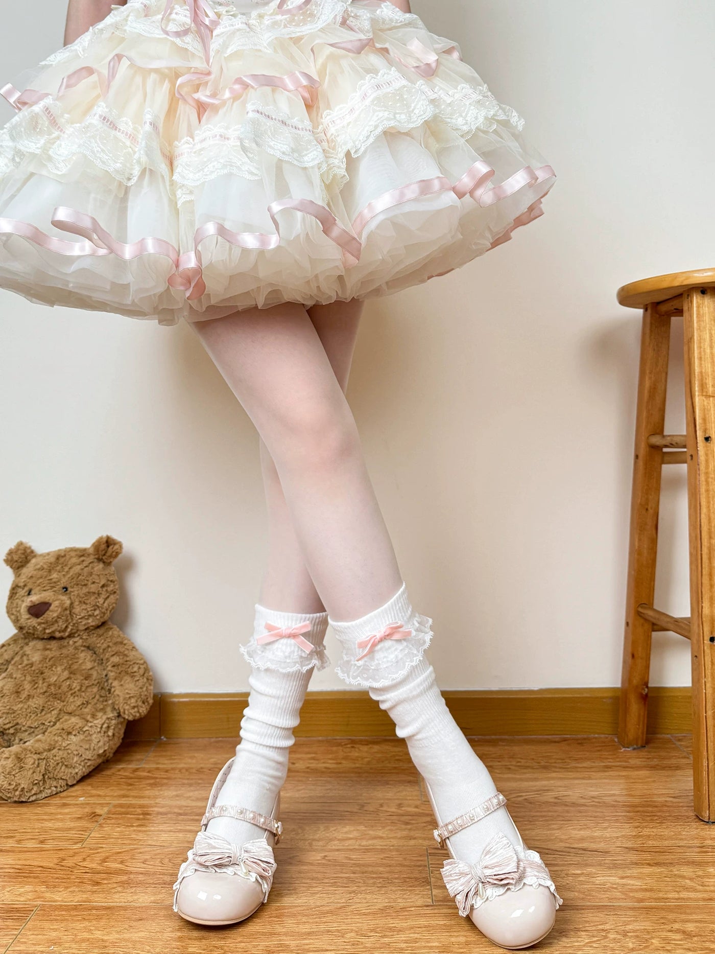 Chubby Bear Tales - Cream Ballet - Mid-Calf Slouch Socks with Lace Ruffle Cuffs and Bow Trim