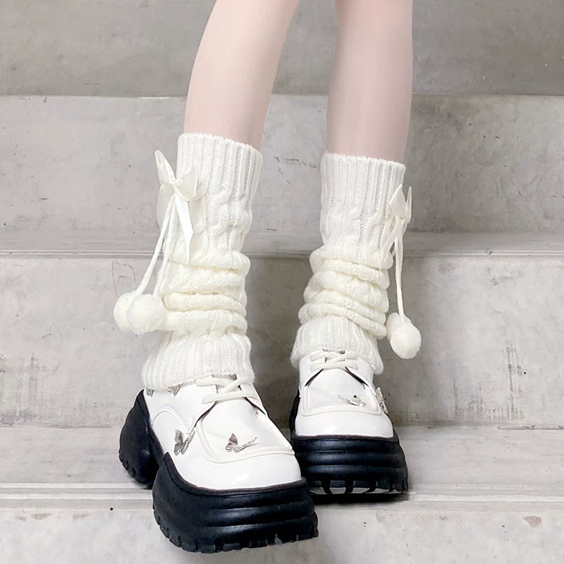 Floral Milk Cat - Pom-Pom Bow - Scrunched Leg Warmers with Bows and Pom-Pom Accents