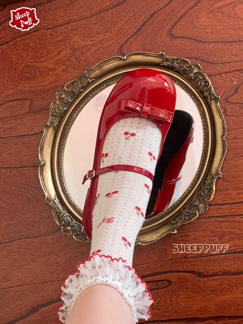 Sheep Puff porcelain doll-themed low heel Lolita shoes featuring a cute sheep puff design and delicate detailing.