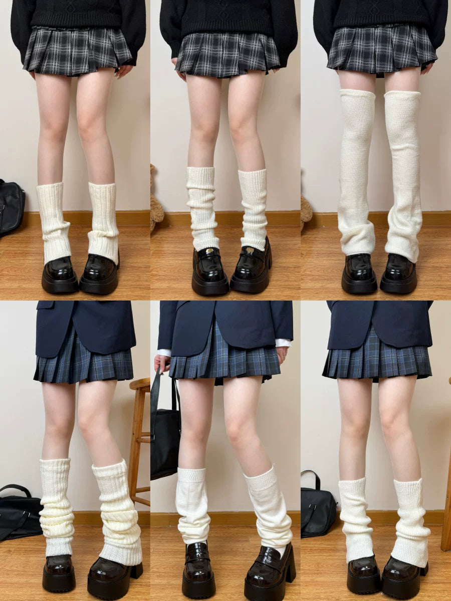 White knit sock covers shown in several lengths and shapes, including a stirrup style and lace-trimmed cover.
