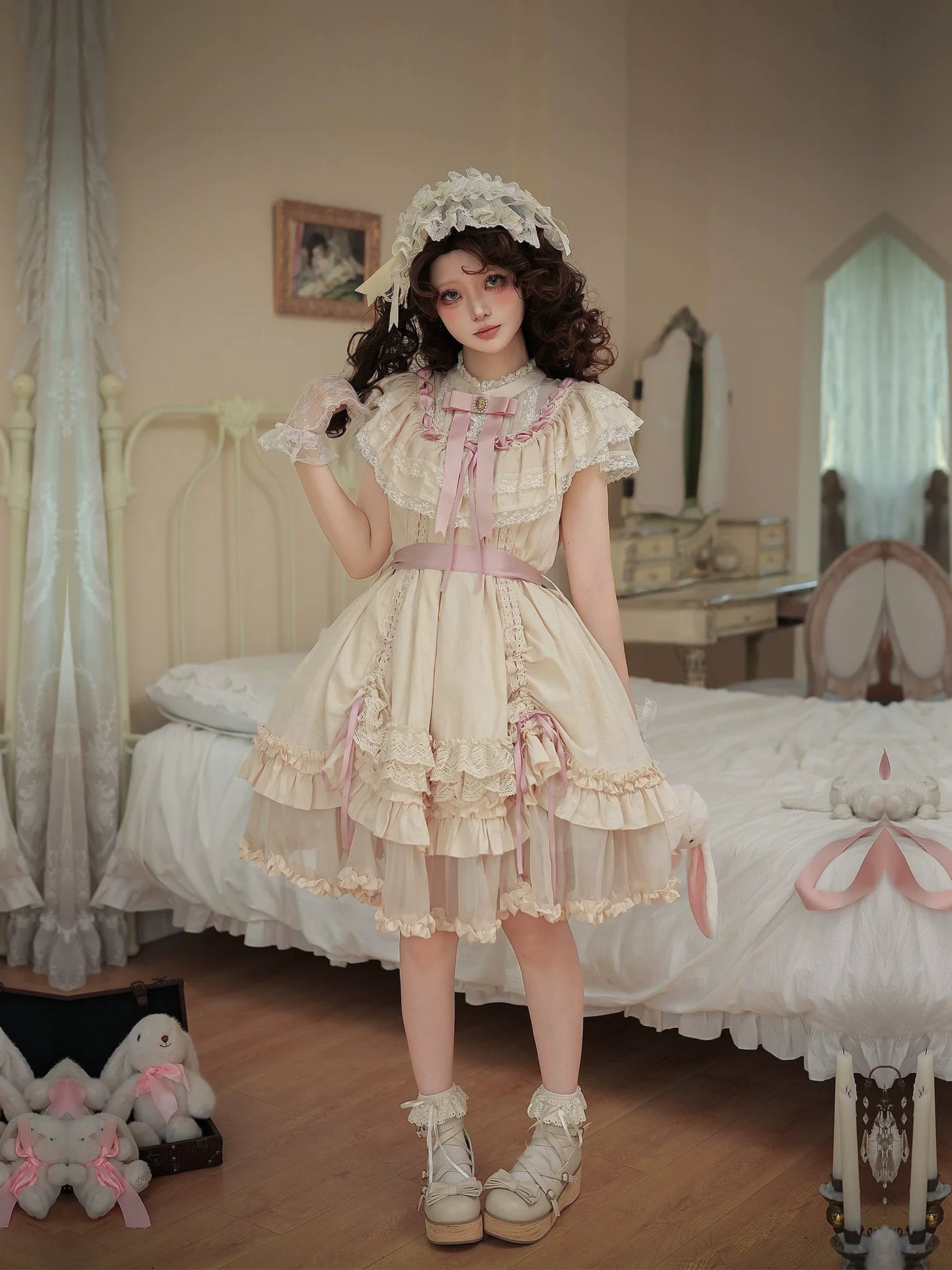 With PUJI - Lily's Dream - Cotton Lining Classic Lolita OP, Drawstring Liftable Hem